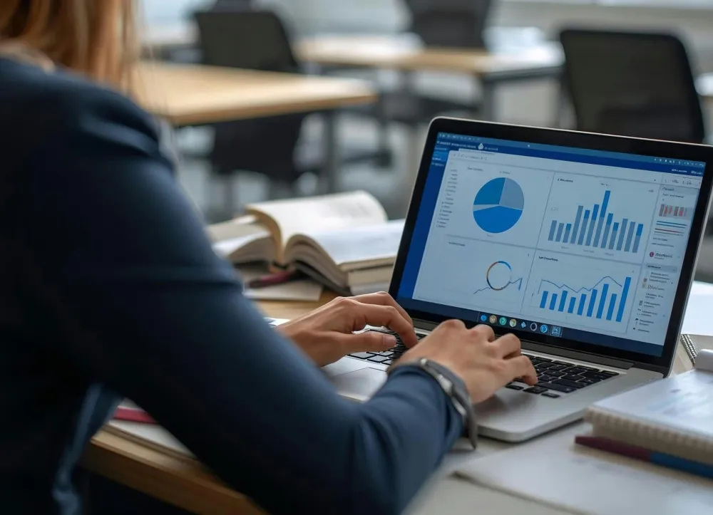 Marketer reviewing campaign charts on a laptop